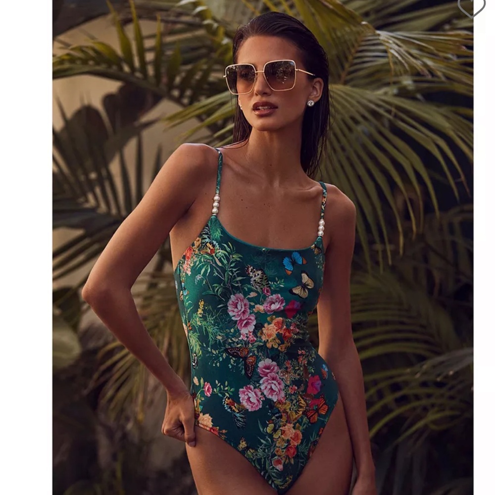 NWOT L'AGENCE Green Butterfly Floral One-Piece Swimsuit